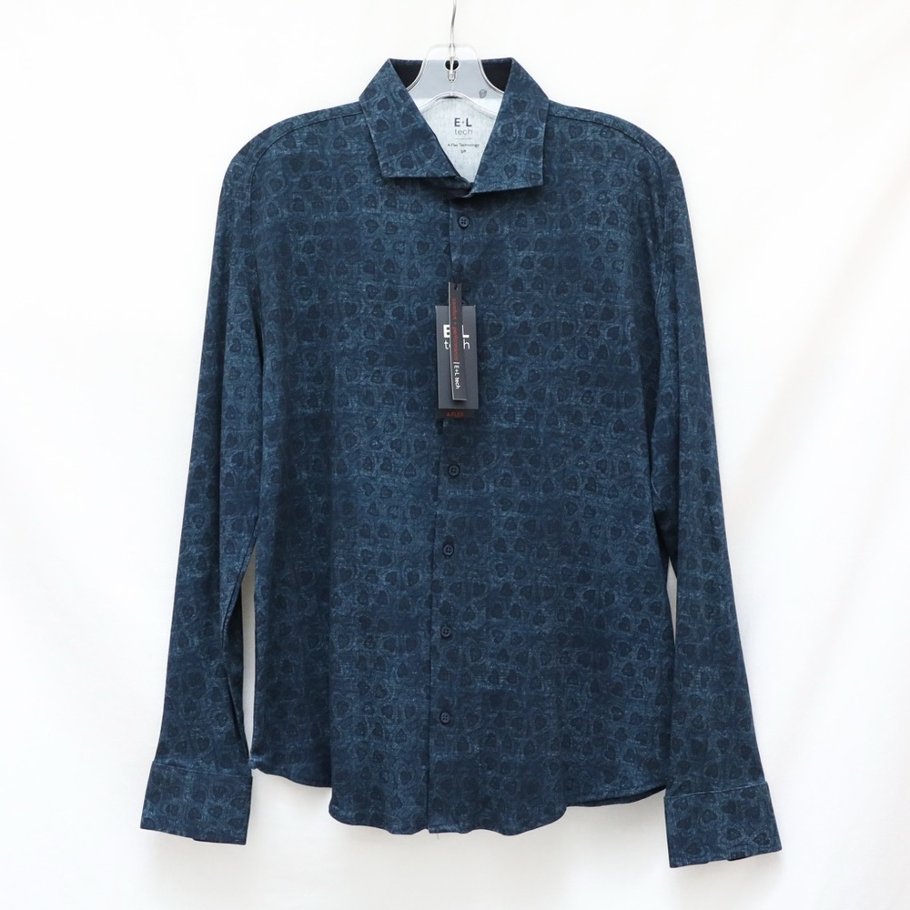 NWT E+L Tech men's button-down shirt 4 way stretch blue heart print cotton Small